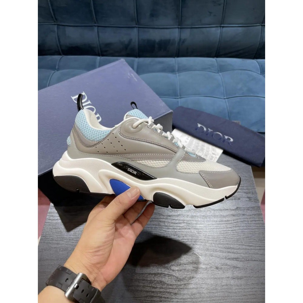 DIOR B22 White and Blue Technical Mesh and Gray Calfskin