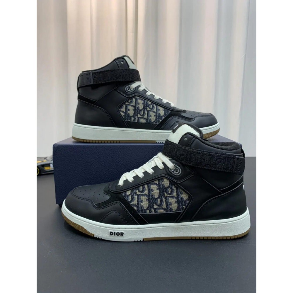 DIOR B27 High Top Sneakers Black Calfskin with Oblique Jacquard