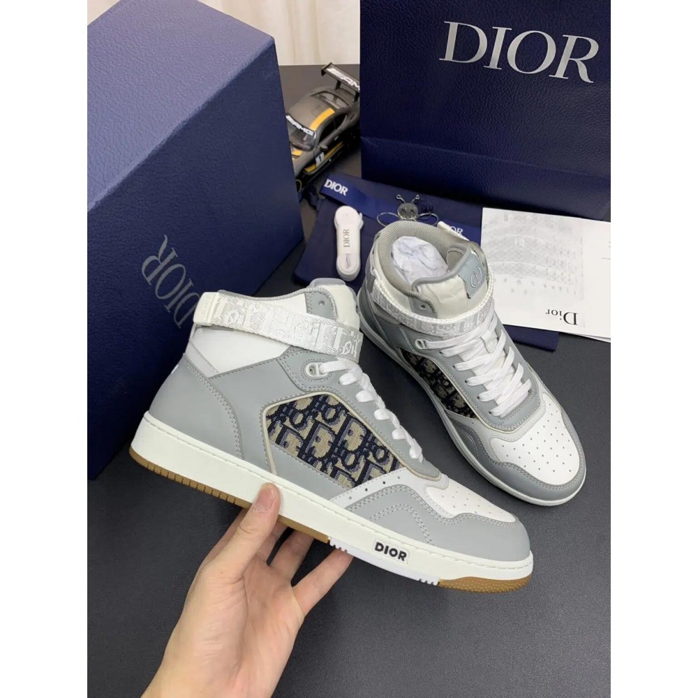 DIOR B27 High Top Leather Sneakers in Grey