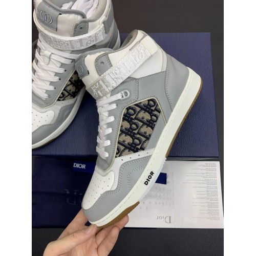 DIOR B27 High Top Leather Sneakers in Grey