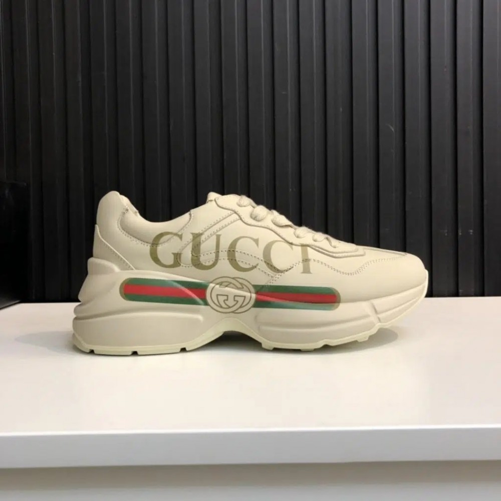 Gucci Ivory Leather Rhyton Vintage Gucci Logo Rep Sneaker